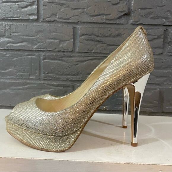 Michael kors‎ Ericka Gold Glitter Peep Toe size 9 Platform Heels Evening Shoes - Picture 9 of 9